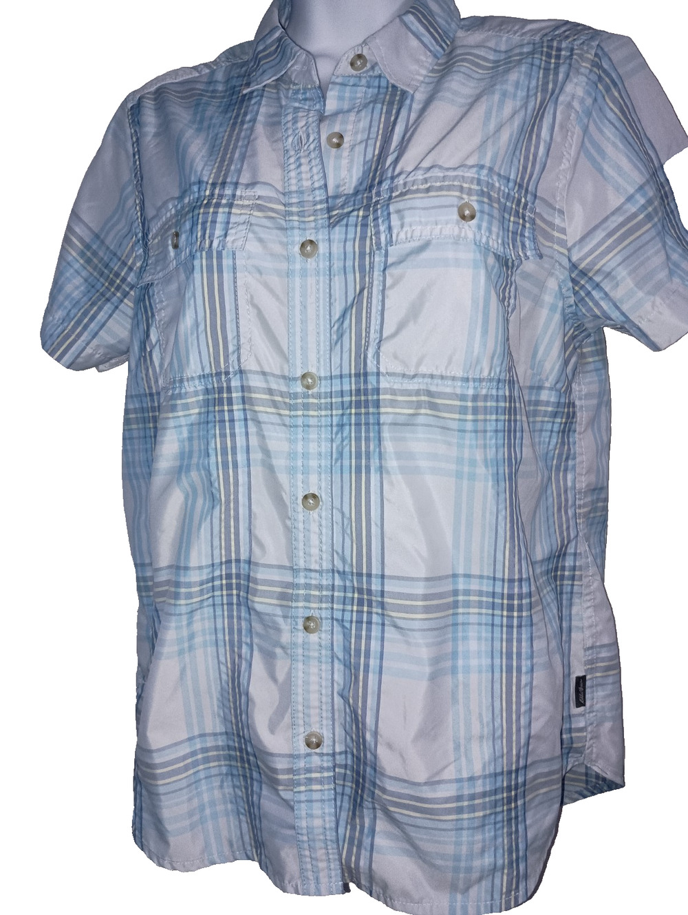 Eddie Bauer Women M Short Sleeve Adventure Shirt Blue Plaid Button Fishing Top